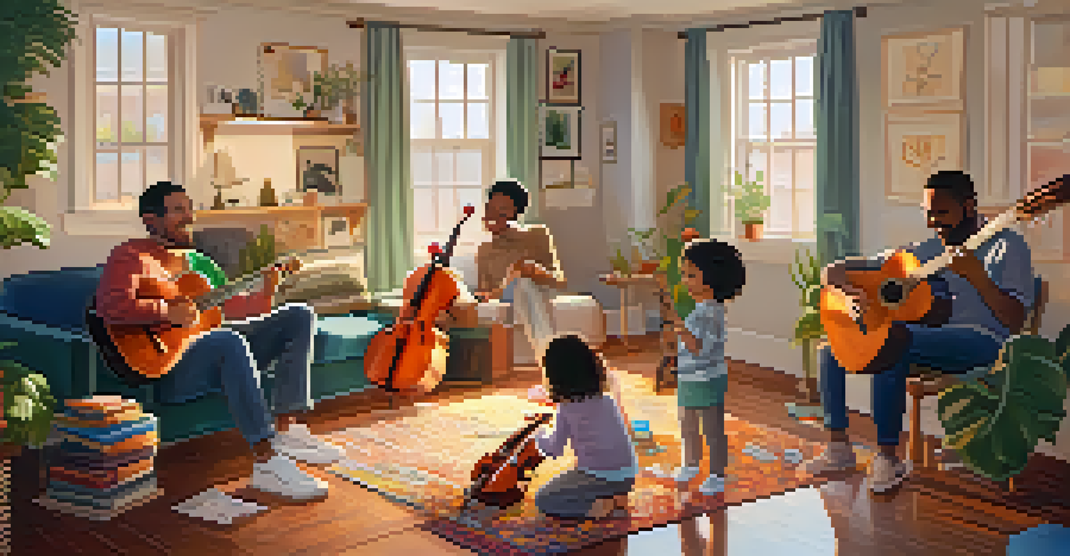 A family enjoying a music therapy session in their living room, playing instruments together and smiling, surrounded by a warm and cozy ambiance.