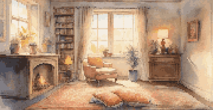 A person sitting cross-legged on a rug in a cozy room, listening to music with headphones, surrounded by musical notes and soft ambient lighting.