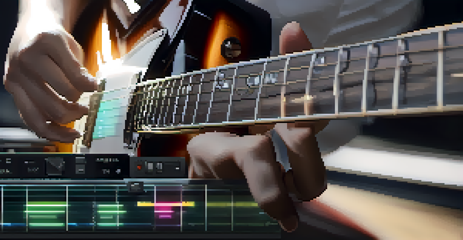 A close-up of a musician's hands on a guitar, with a transparent screen showing a smart contract for music rights.