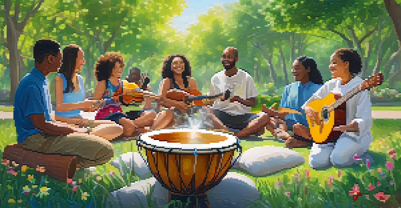 A group of individuals participating in a music therapy session outdoors, playing drums together in a sunny park surrounded by greenery and flowers.