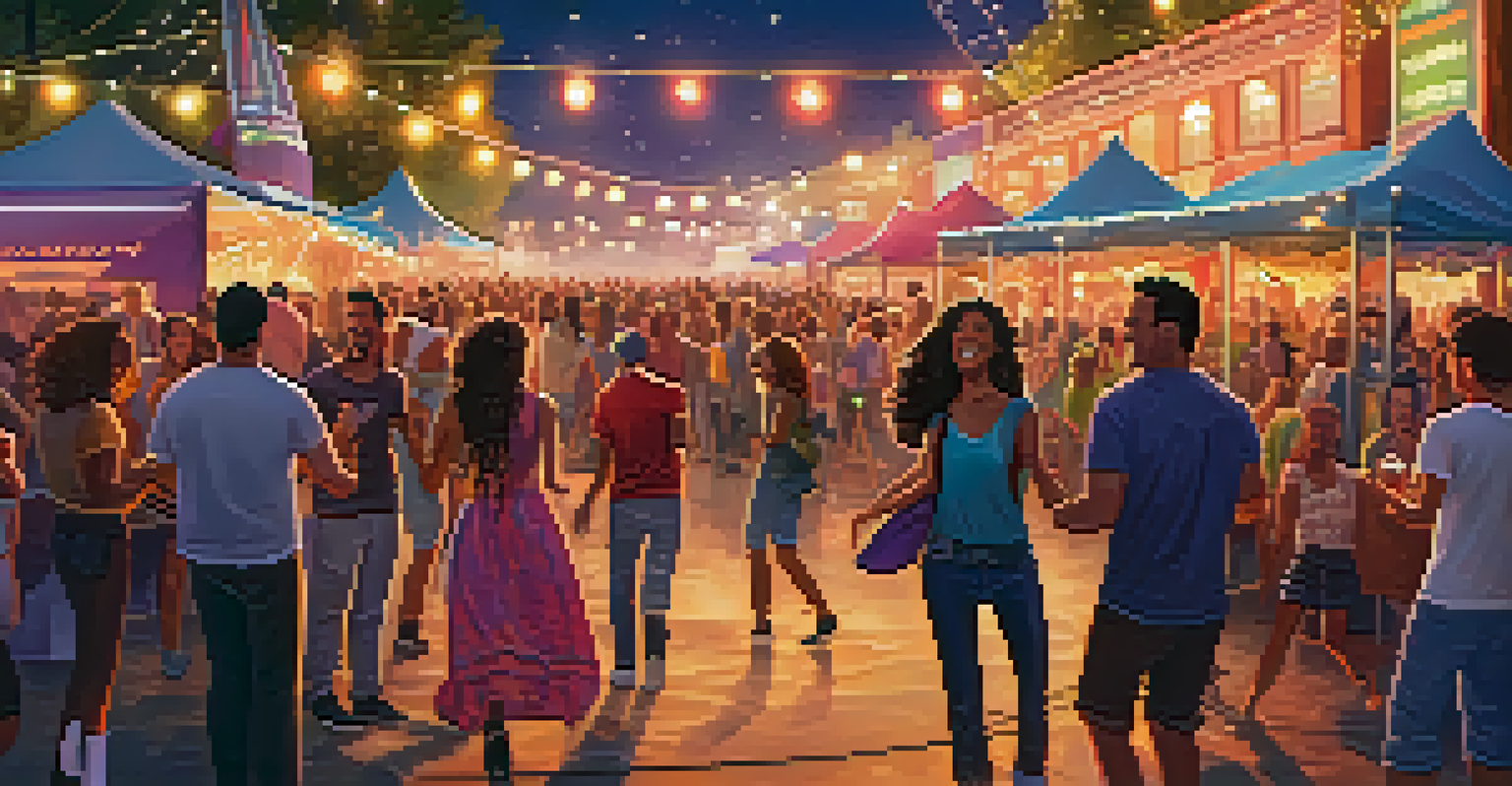 A vibrant outdoor music festival with a crowd dancing and enjoying live performances under colorful lights.