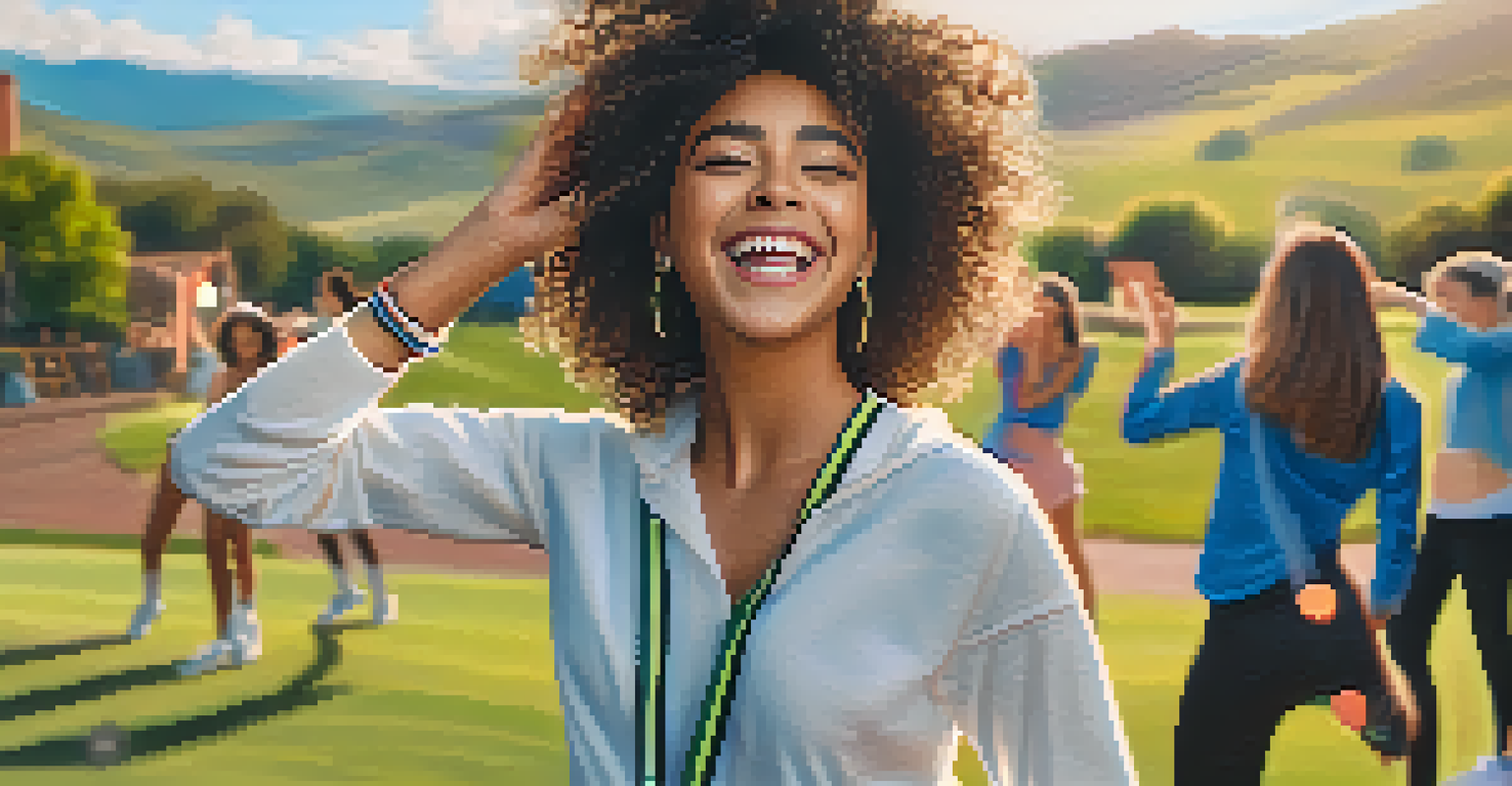 A close-up of an influencer joyfully recording a TikTok dance challenge outdoors, with a beautiful landscape in the background.