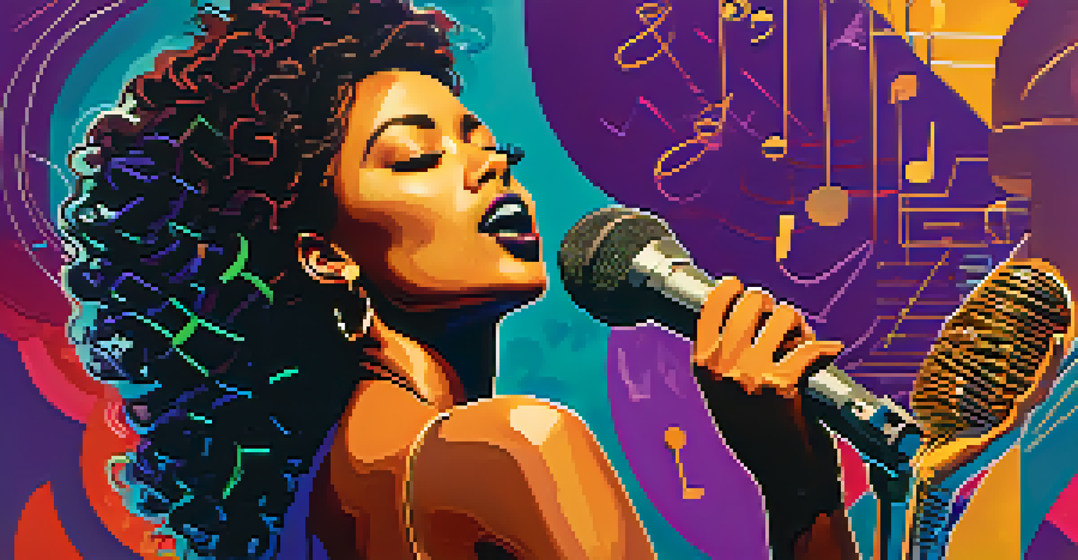 A powerful female figure standing in front of a microphone, surrounded by musical notes and abstract patterns, symbolizing women's voices in music.