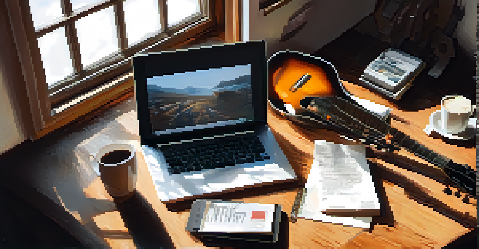 A musician's workspace with a guitar, notebook, coffee cup, and laptop, bathed in natural light.