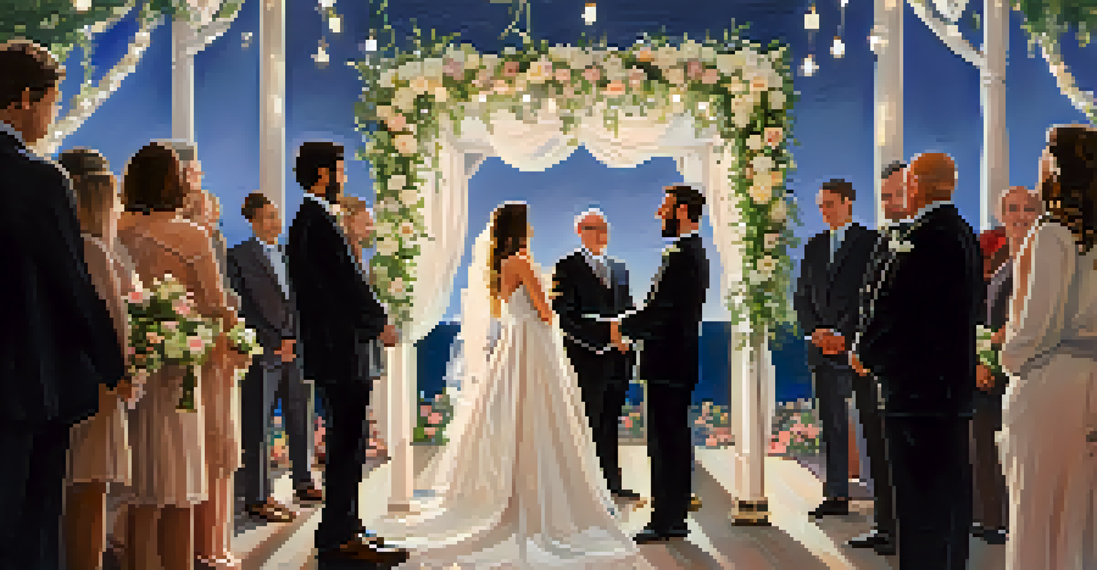 A bride and groom under a decorated chuppah during a Jewish wedding ceremony, surrounded by family and friends in a softly lit setting.