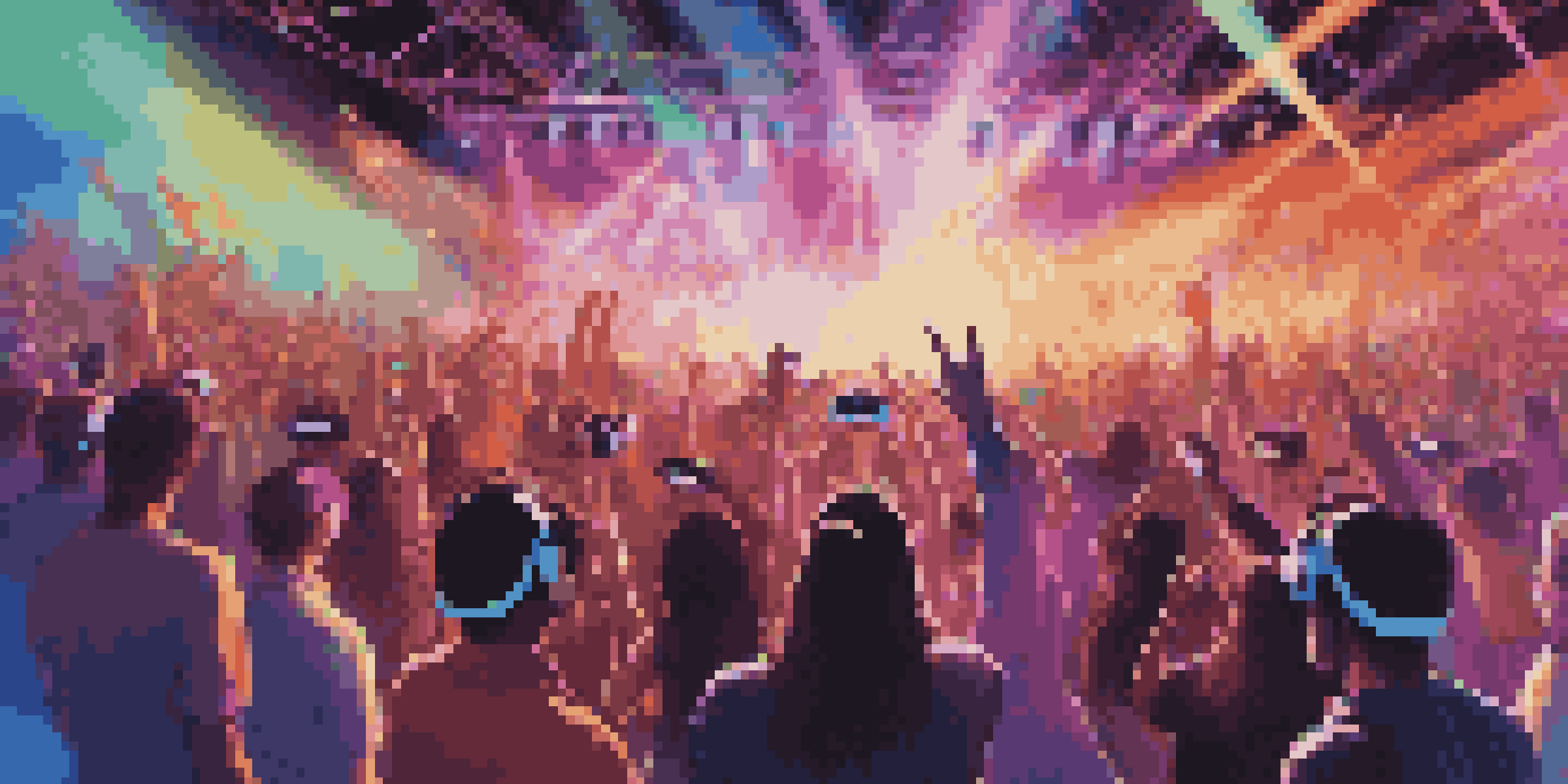 A lively virtual reality concert with fans wearing VR headsets, colorful lights, and a holographic stage performance.
