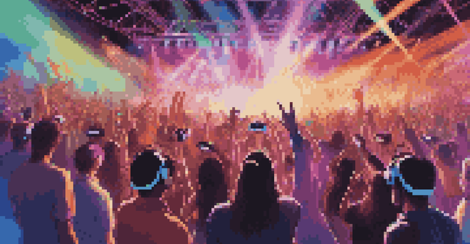 A lively virtual reality concert with fans wearing VR headsets, colorful lights, and a holographic stage performance.