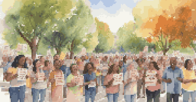 A diverse group of people singing in a park, holding signs for social justice, surrounded by flowers and trees in a sunny environment.