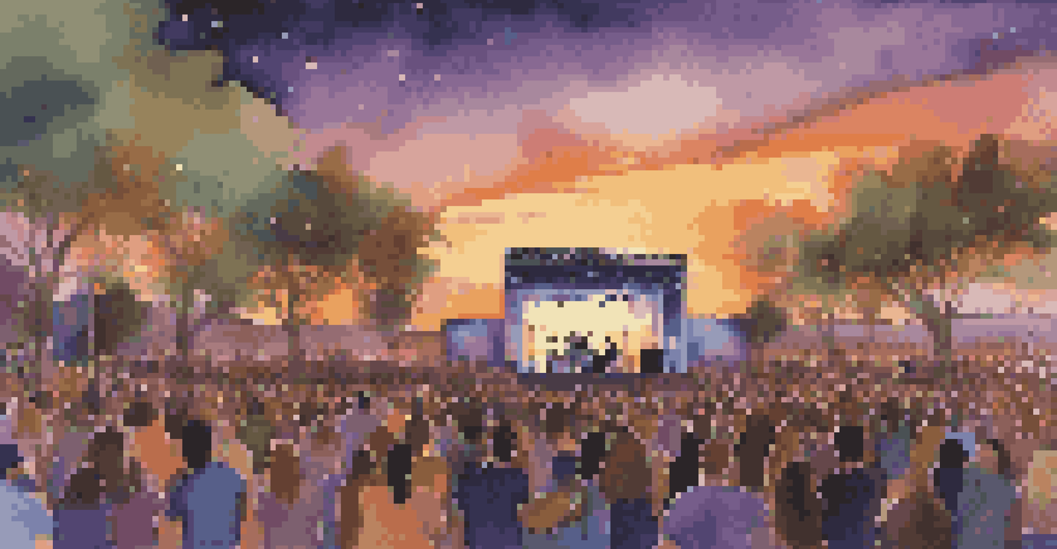An outdoor concert at sunset with a lively crowd and a band on stage, surrounded by colorful lights.