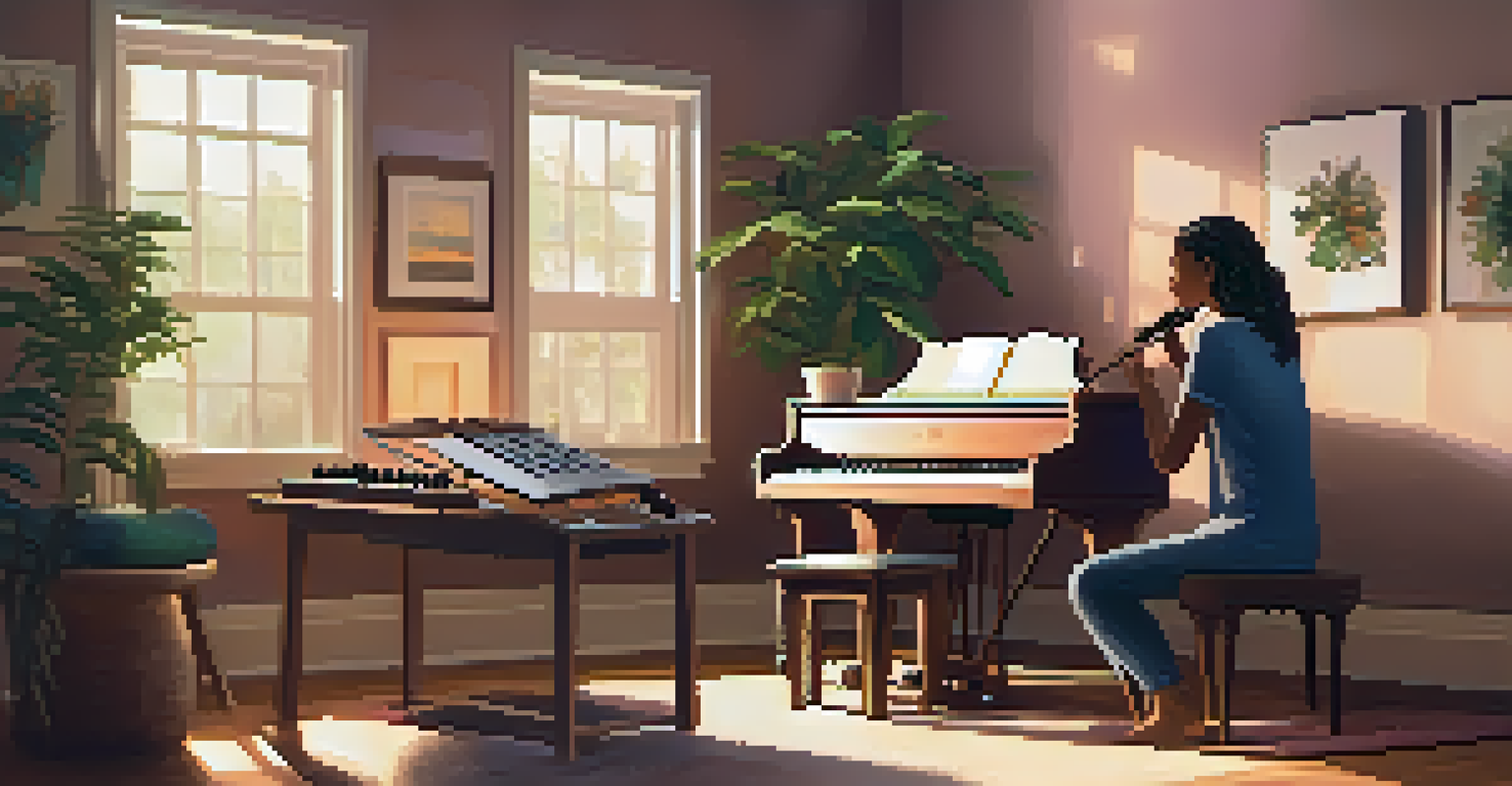 A warm music therapy session with a therapist and client creating music together, surrounded by calming decor and soft lighting, highlighting emotional connection.
