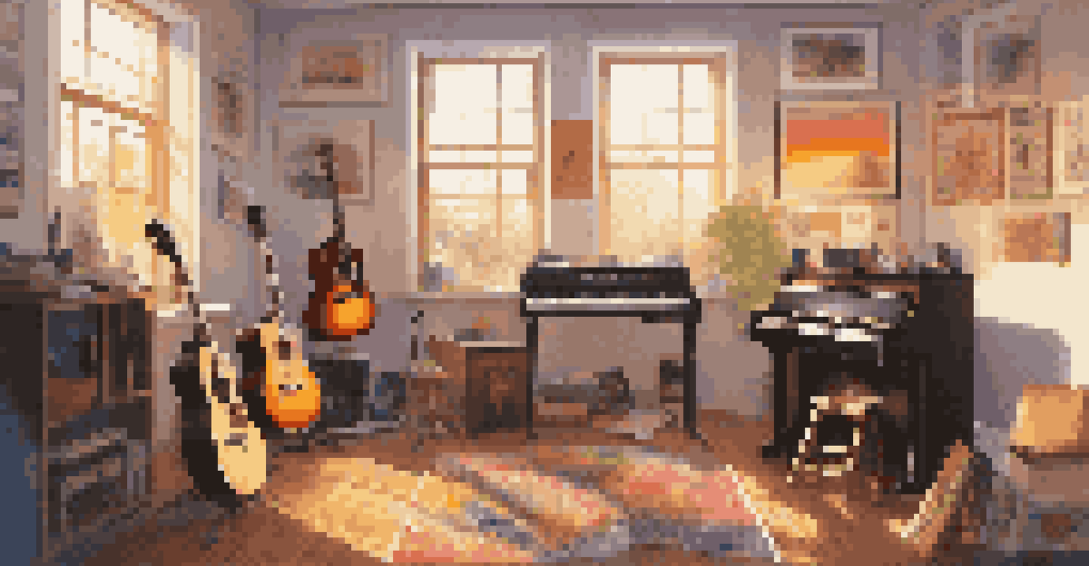 A cozy artist's studio filled with musical instruments and fan art on the walls, with sunlight streaming through a window.