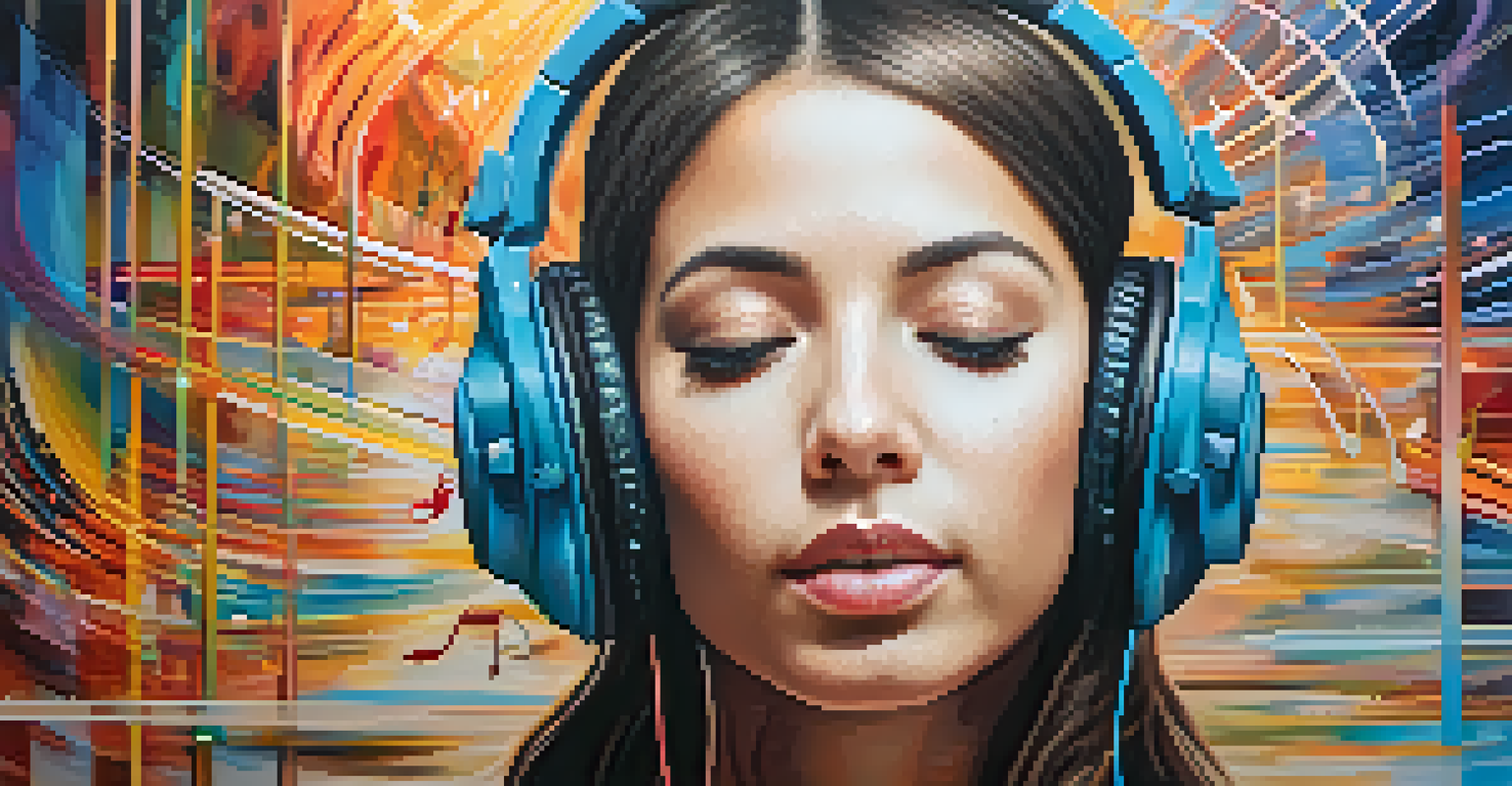 A person with closed eyes wearing headphones, immersed in music, surrounded by colorful sound waves and musical notes.