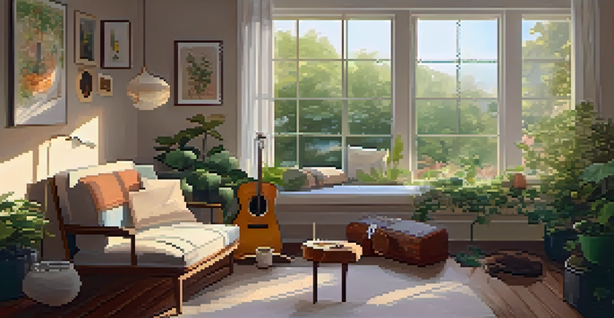 A calm therapy room with soft lighting, plush cushions, and musical instruments, creating a peaceful and inviting atmosphere for healing.