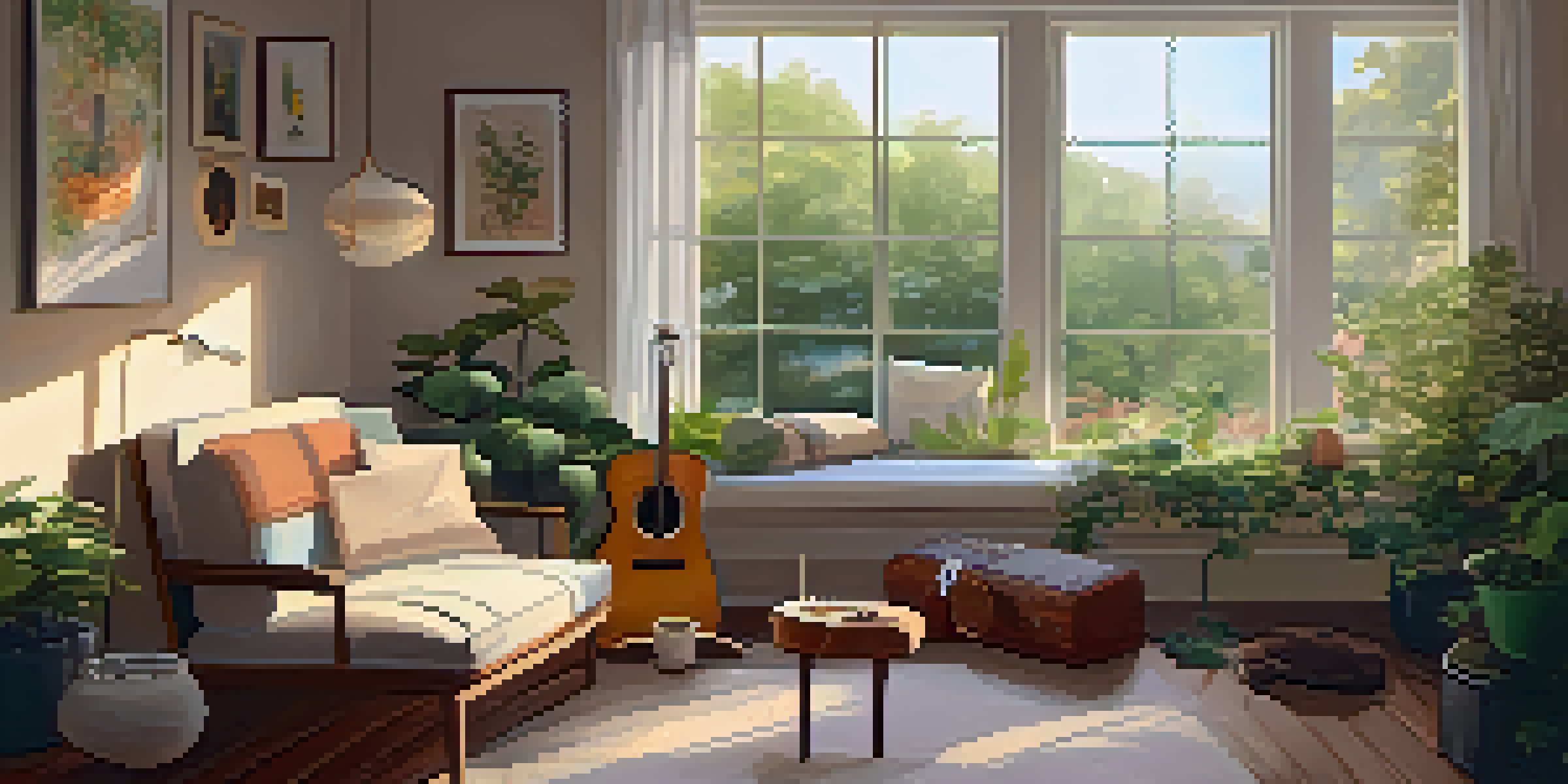 A calm therapy room with soft lighting, plush cushions, and musical instruments, creating a peaceful and inviting atmosphere for healing.