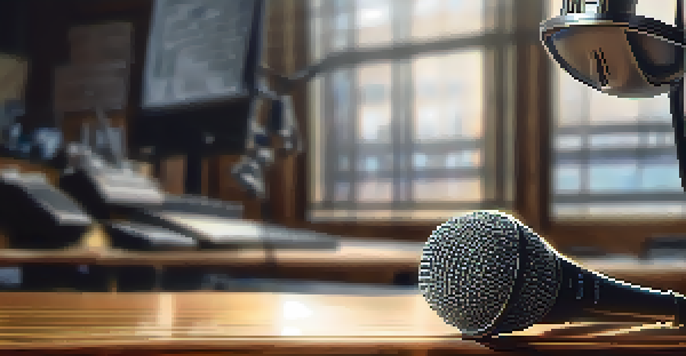 A close-up of a dynamic microphone on a wooden table with natural light, and a blurred digital audio workstation in the background.