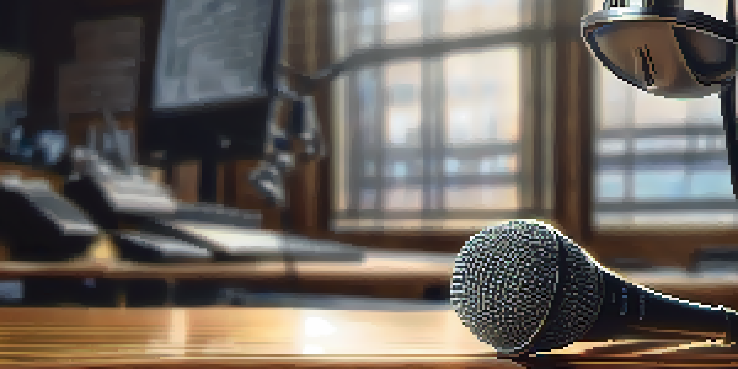 A close-up of a dynamic microphone on a wooden table with natural light, and a blurred digital audio workstation in the background.