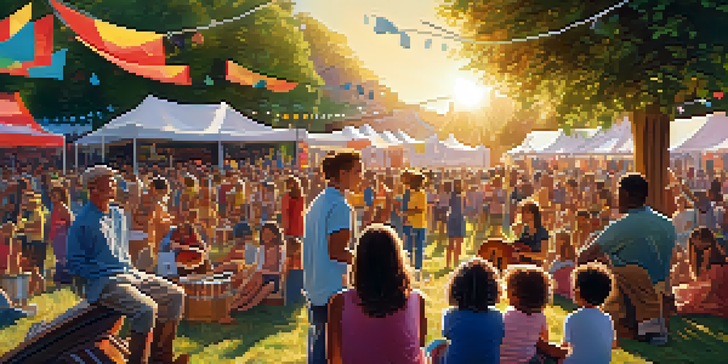 A lively community music festival with diverse attendees enjoying performances, surrounded by colorful decorations and a sunset glow.