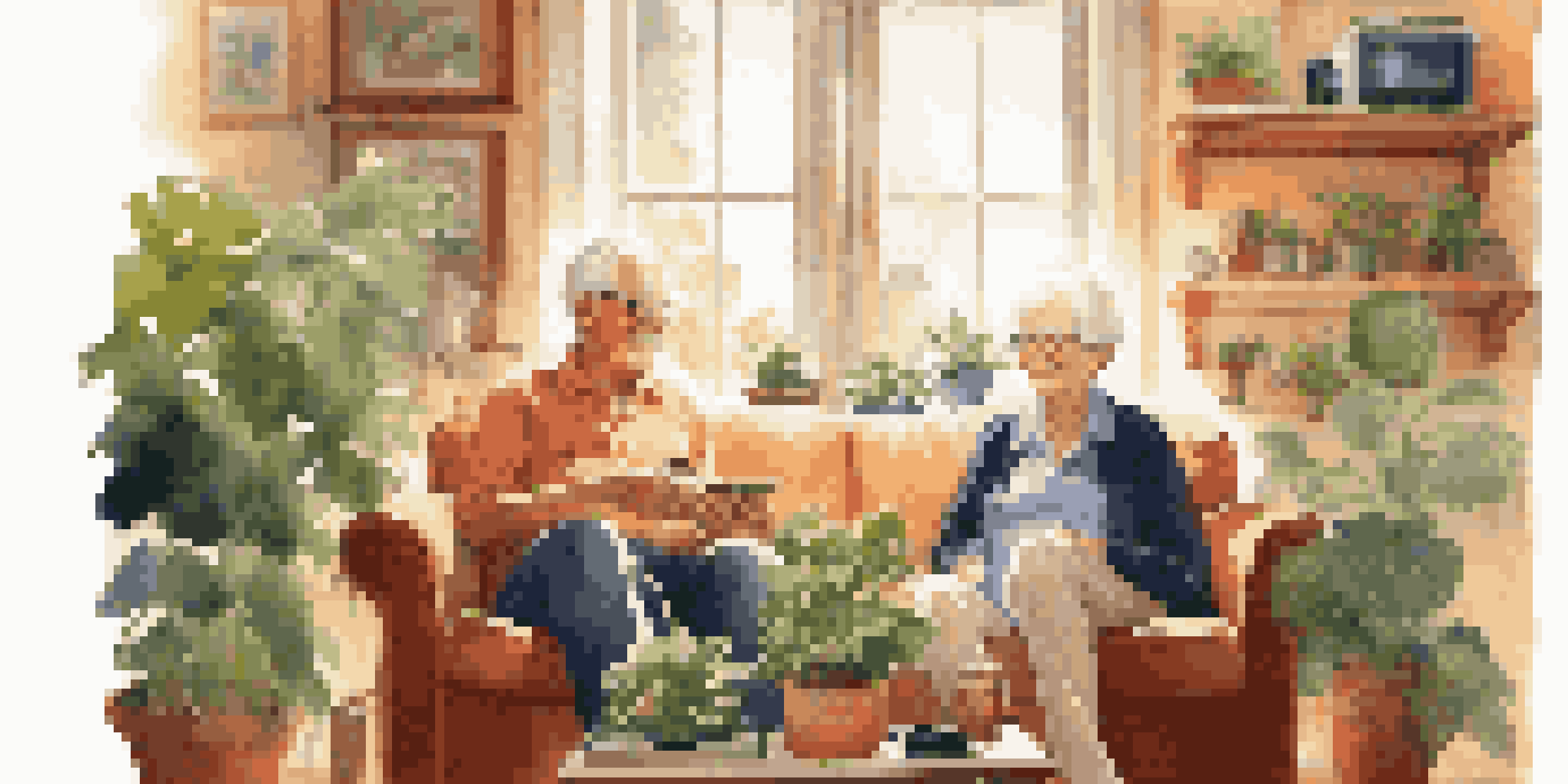 An elderly couple listening to music together on a sofa, with sunlight streaming in and houseplants around them.