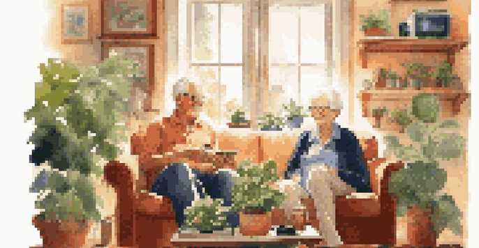 An elderly couple listening to music together on a sofa, with sunlight streaming in and houseplants around them.