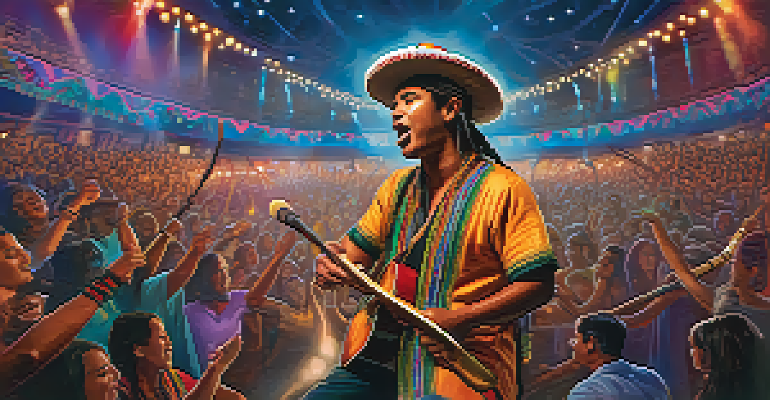 A contemporary Indigenous musician performing with a didgeridoo on stage, surrounded by a lively audience and colorful lights.