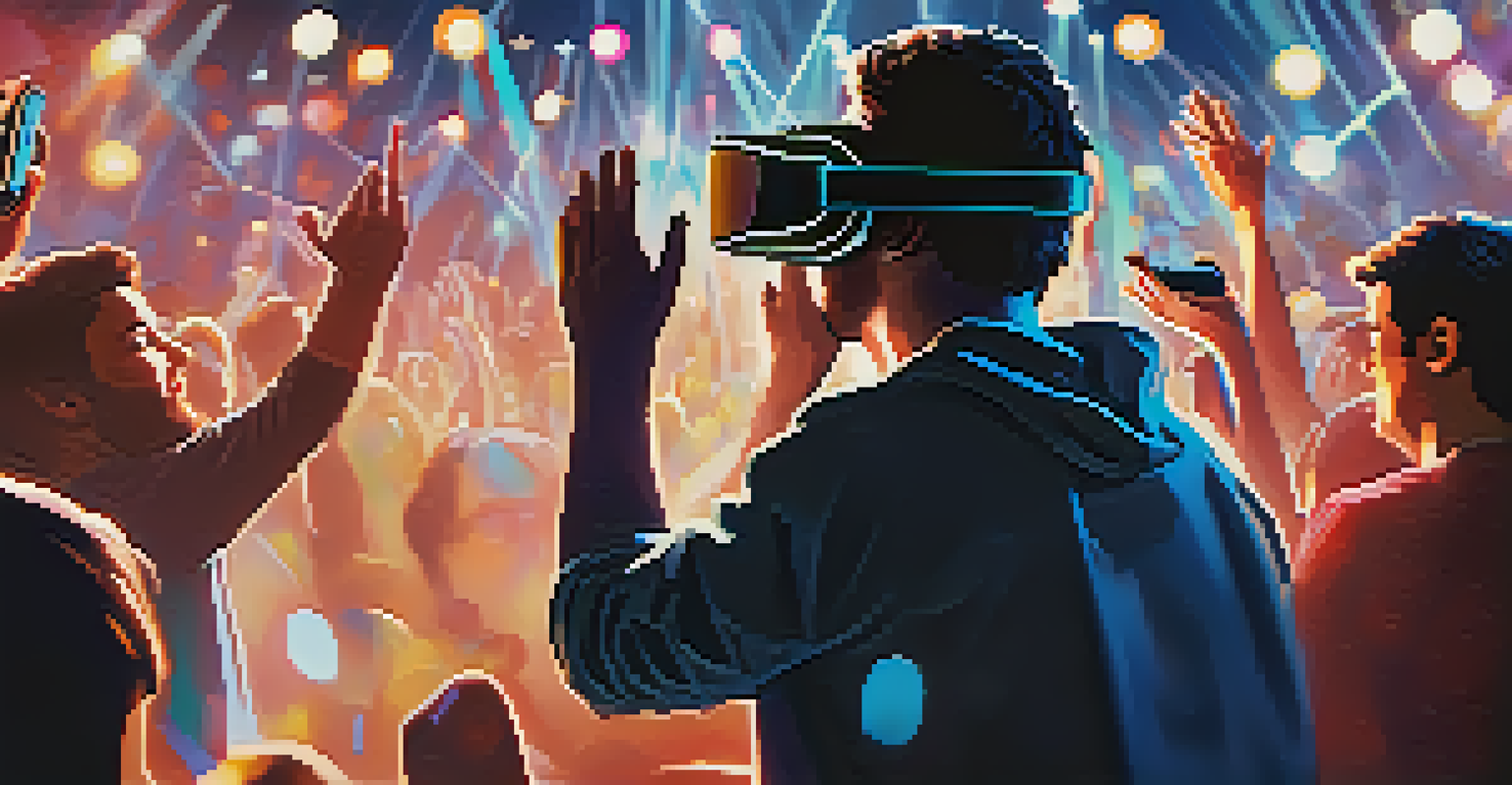 A user interacting with a virtual reality interface at a music event, with hands reaching out to engage with floating visuals and buttons.