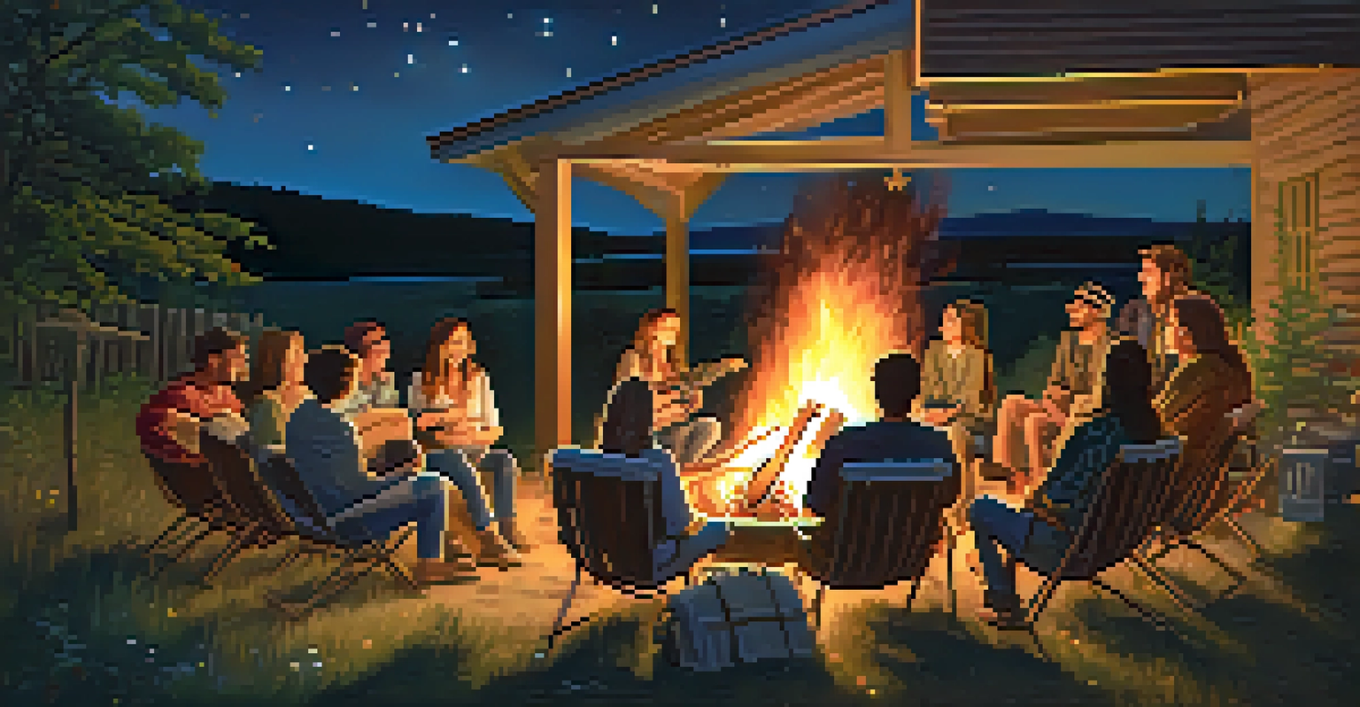 A cozy bonfire gathering with friends enjoying music and stories, illuminated by the firelight under a starry night sky.