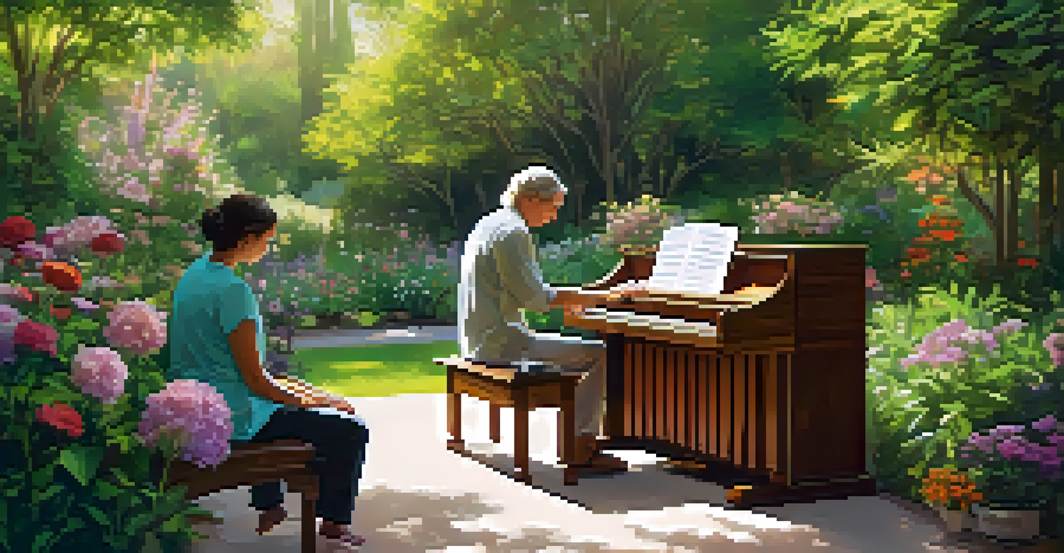 A music therapy session in a tranquil garden, with a therapist guiding a patient playing a keyboard among vibrant flowers.