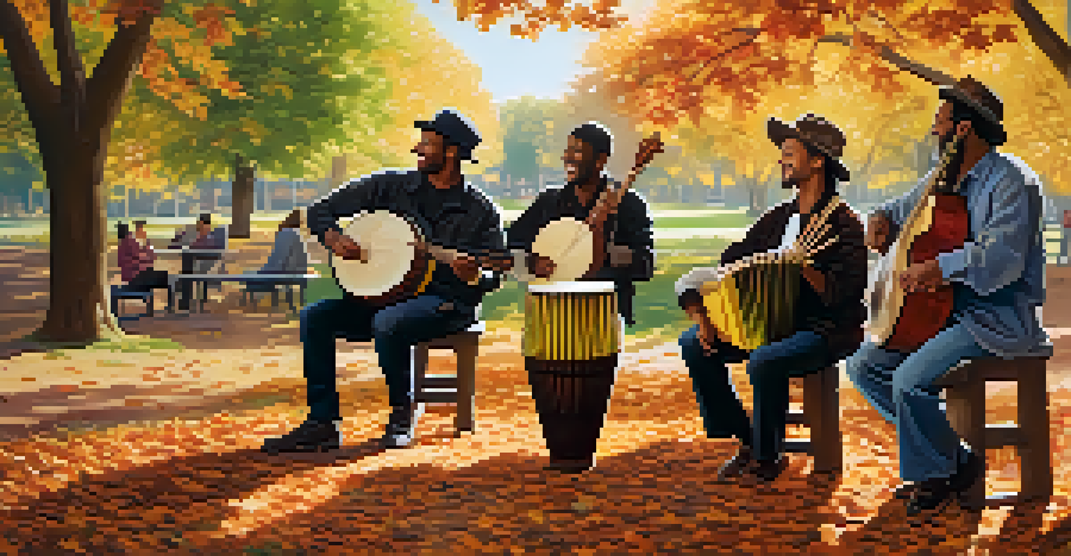 A group of musicians playing various traditional instruments in a sunny park surrounded by autumn leaves.