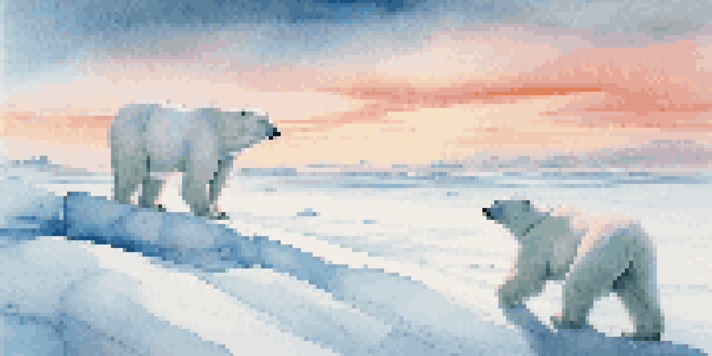 A polar bear in a snowy Arctic landscape during sunset, with soft pink and orange hues in the sky.