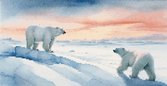 A polar bear in a snowy Arctic landscape during sunset, with soft pink and orange hues in the sky.