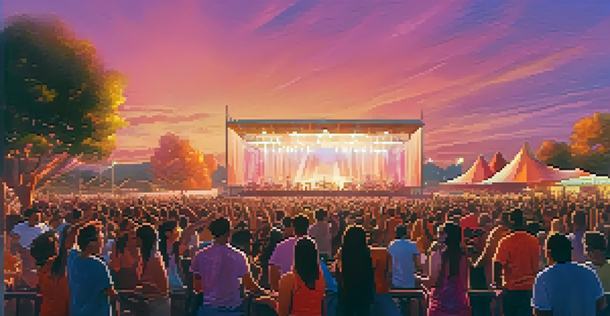 A lively outdoor concert scene at sunset with a diverse crowd enjoying live music and colorful lights on stage.