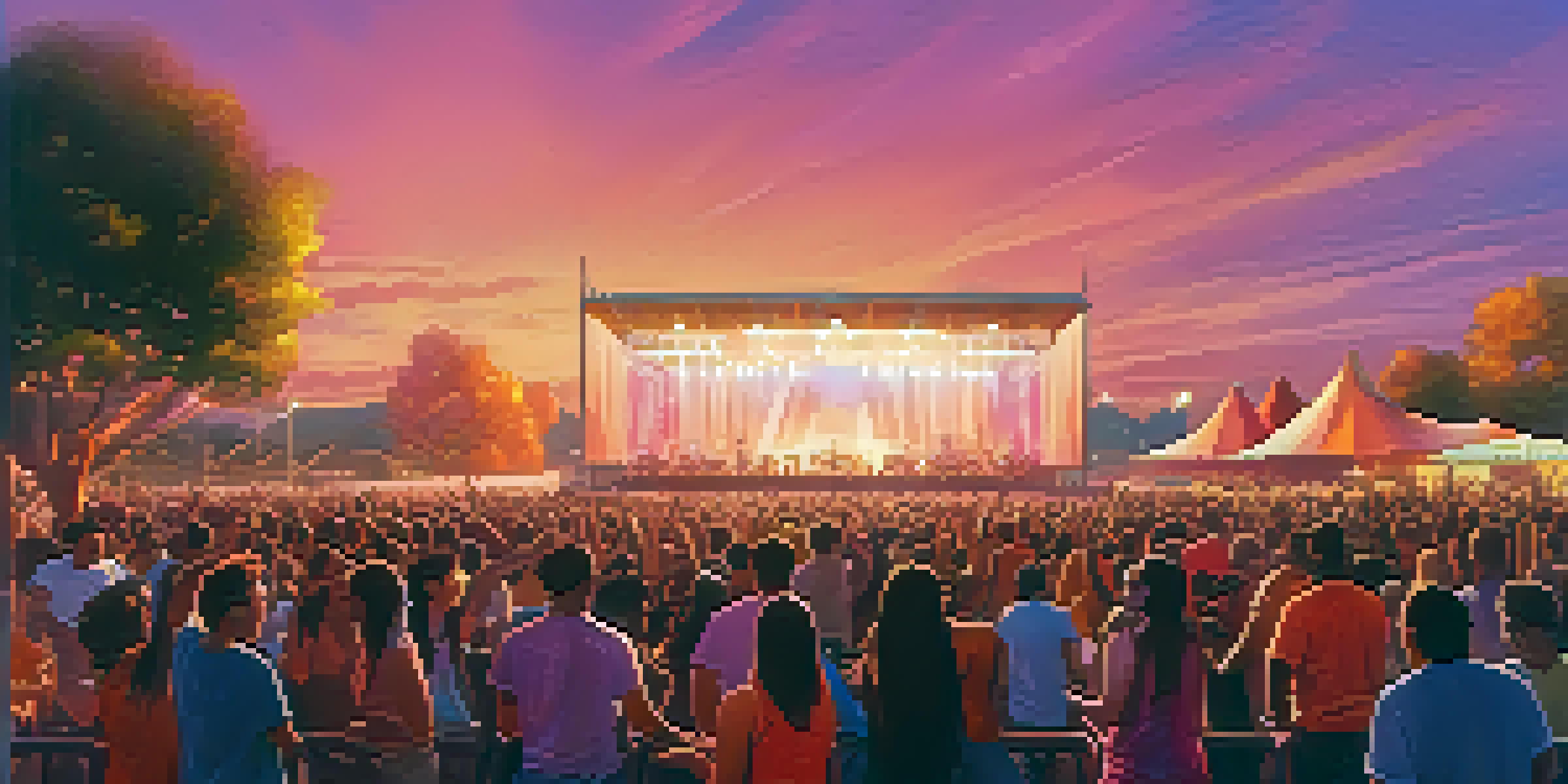A lively outdoor concert scene at sunset with a diverse crowd enjoying live music and colorful lights on stage.