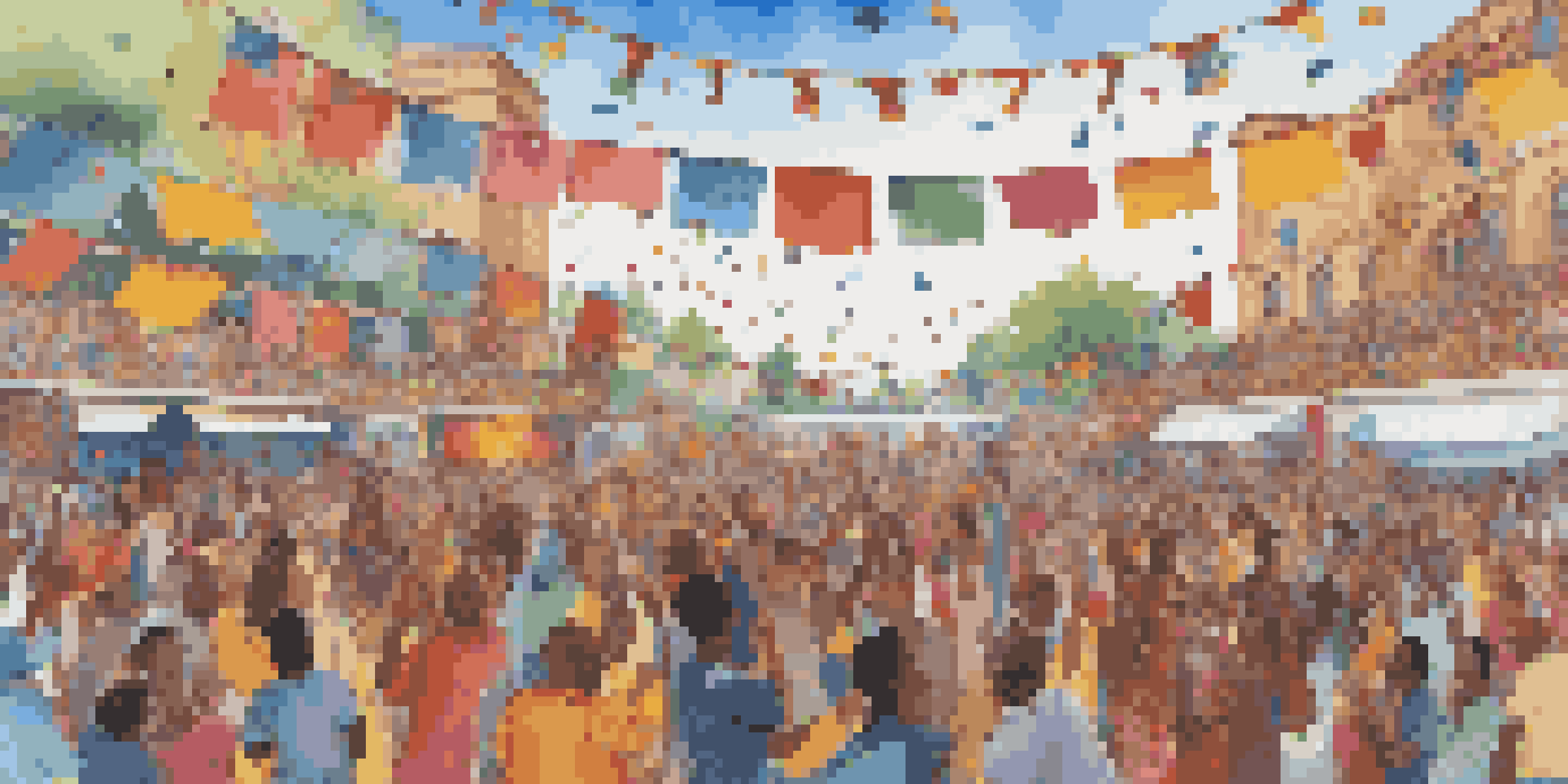 A lively outdoor festival featuring diverse musicians performing on stage, with a colorful audience dancing joyfully.