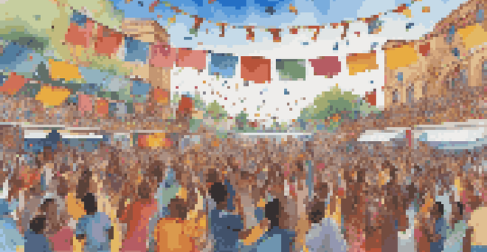 A lively outdoor festival featuring diverse musicians performing on stage, with a colorful audience dancing joyfully.