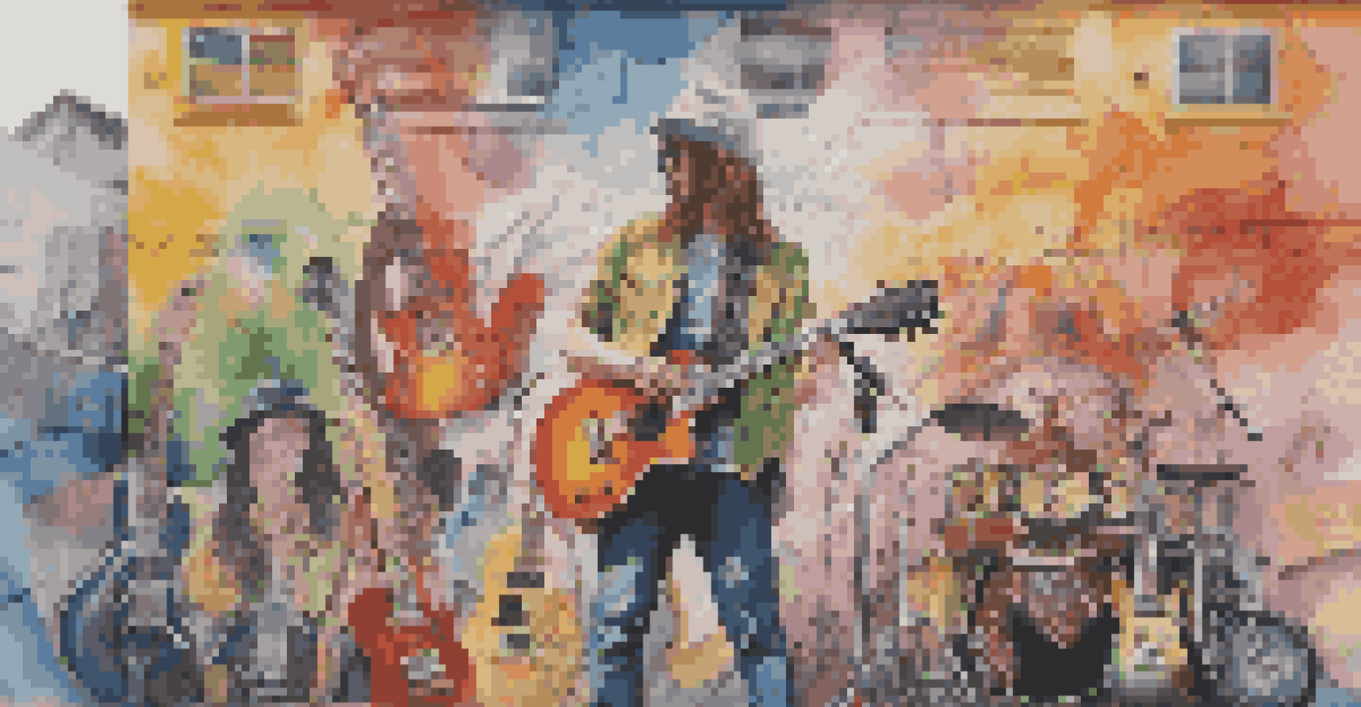 A person in front of a colorful mural celebrating music genres with iconic symbols.