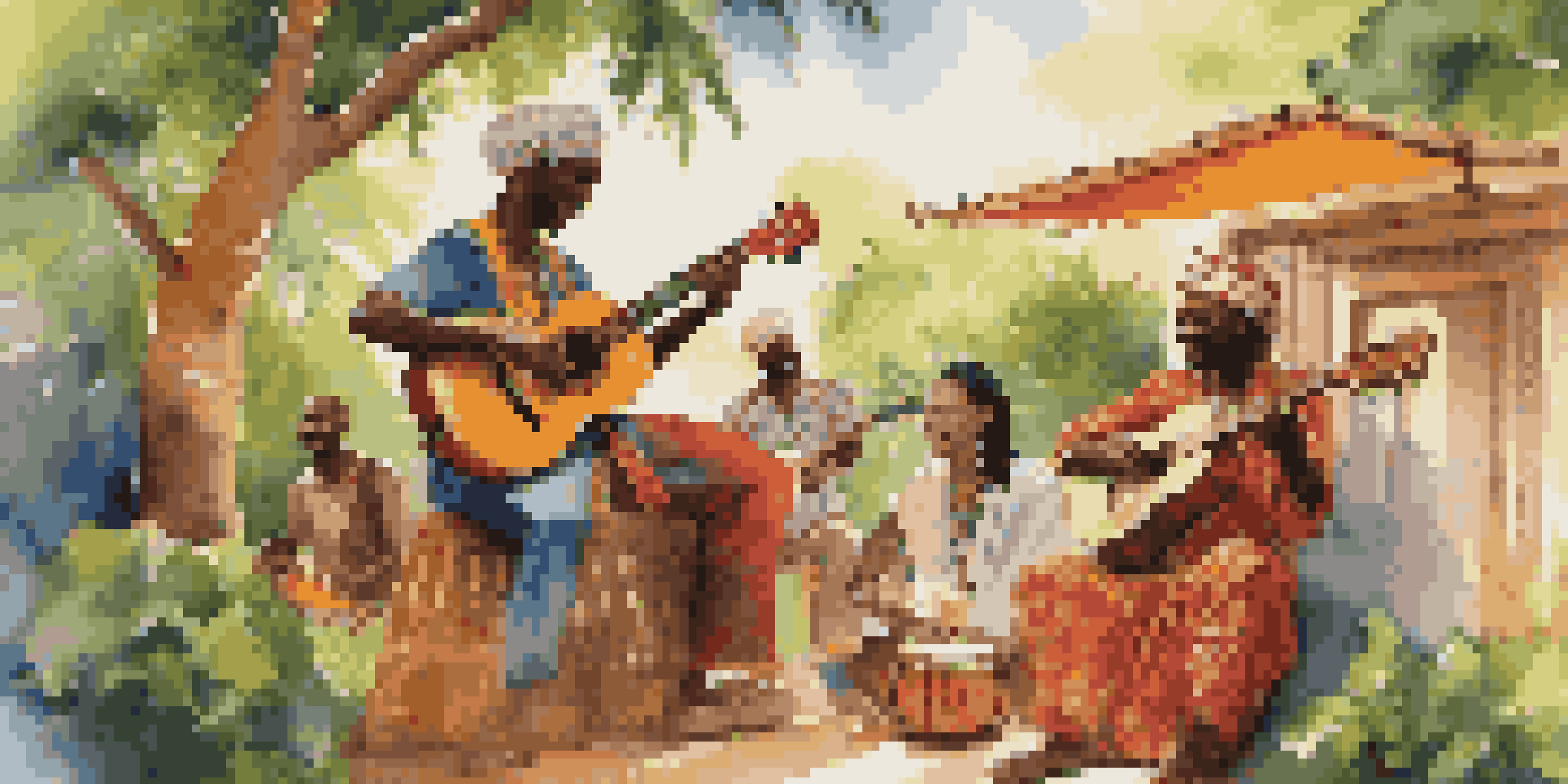 Musicians from diverse cultures playing instruments together outdoors, surrounded by greenery and colorful banners.