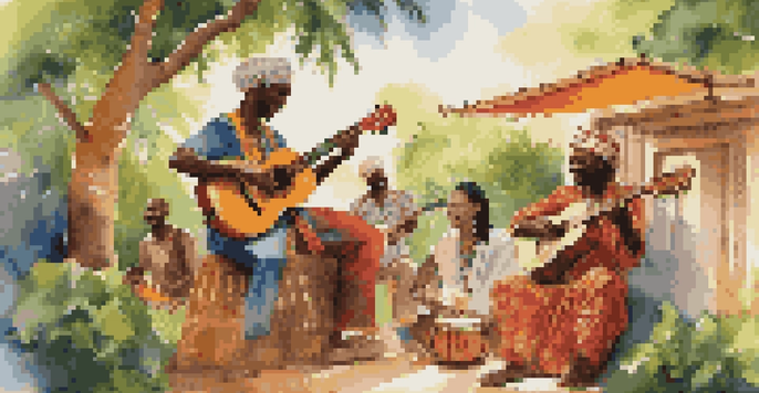 Musicians from diverse cultures playing instruments together outdoors, surrounded by greenery and colorful banners.
