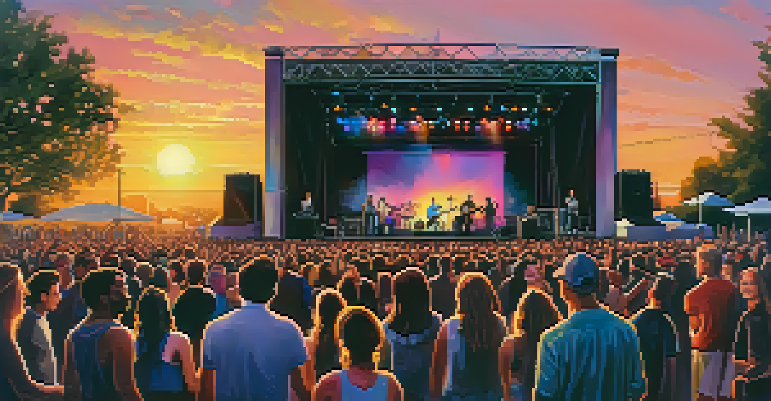 A lively outdoor concert at sunset with a diverse crowd enjoying live music and dancing.
