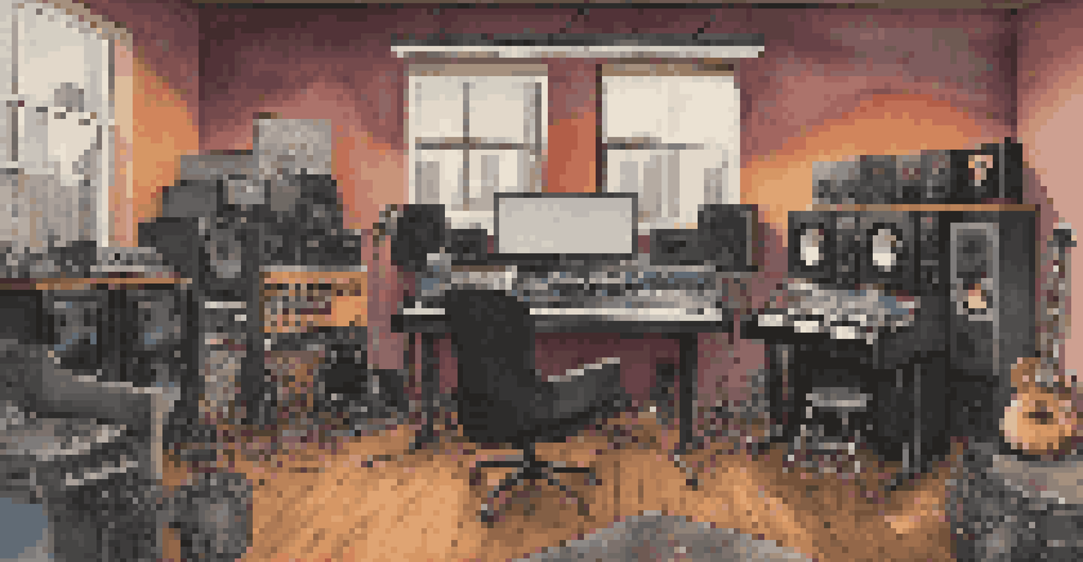 A recording studio scene depicting musicians from punk and electronic genres collaborating, surrounded by instruments and equipment.