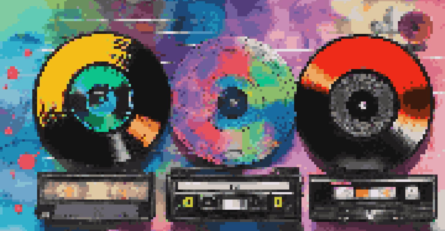 A digital collage showing the evolution of music consumption, from vinyl records to streaming platforms, with vibrant colors and music notes.