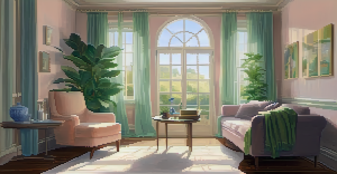 A peaceful room with a chair, a notebook on a table, and plants in the corners, designed for relaxation and visualization practice.