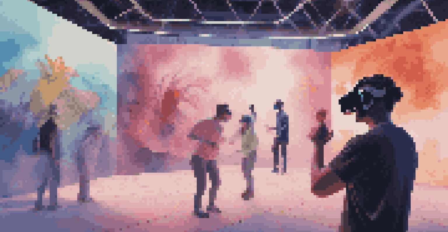 An artist interacting with fans in a colorful virtual reality space, surrounded by immersive graphics and music-themed visuals.