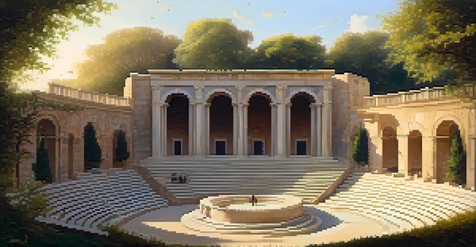 An ancient Greek amphitheater with philosophers discussing music, surrounded by greenery and sunlight.