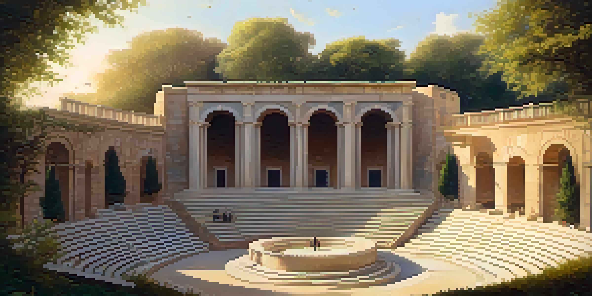 An ancient Greek amphitheater with philosophers discussing music, surrounded by greenery and sunlight.