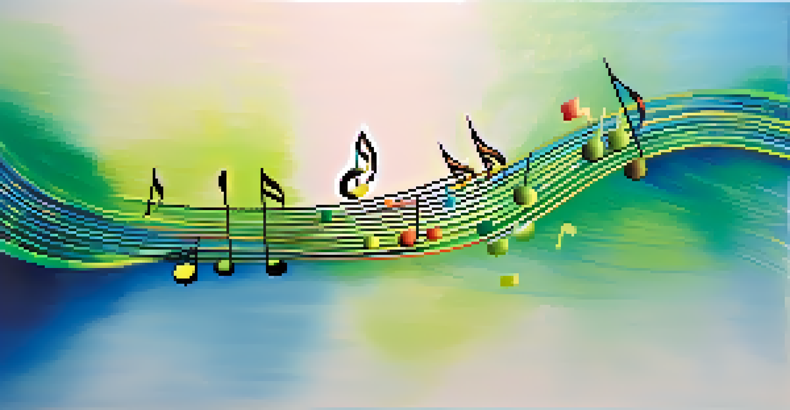An abstract representation of sound waves and musical notes with colorful light patterns.