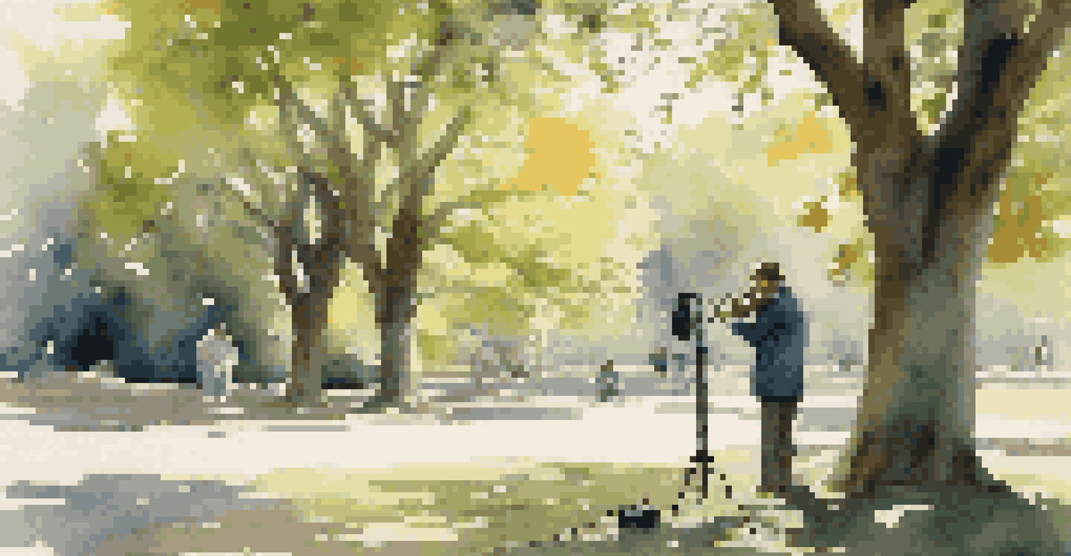 A musician in a park recording natural sounds with a microphone, surrounded by greenery and sunlight.