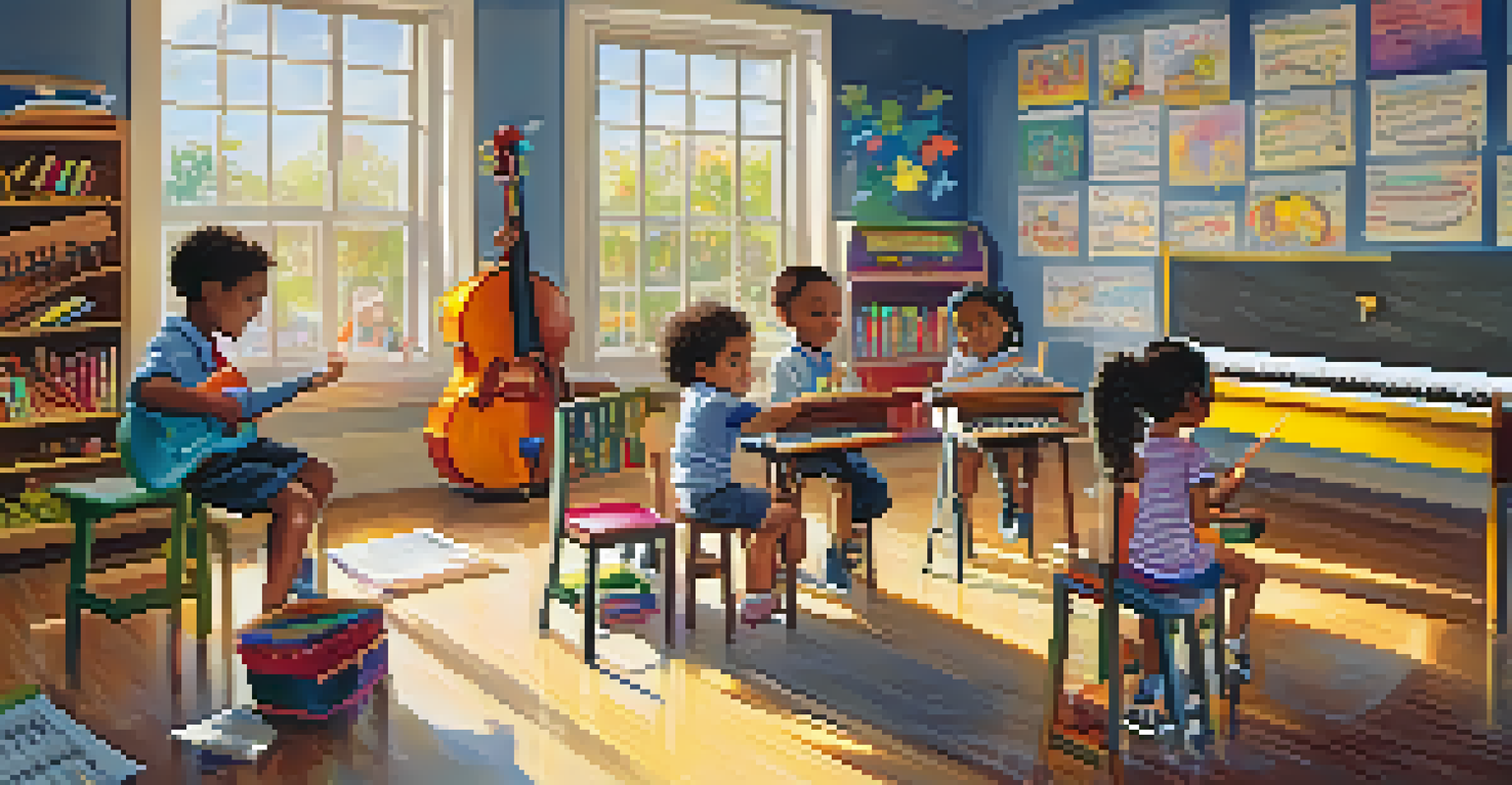 A bright classroom filled with children participating in a music education program, with various musical instruments and a teacher leading the lesson, decorated with colorful music notes.