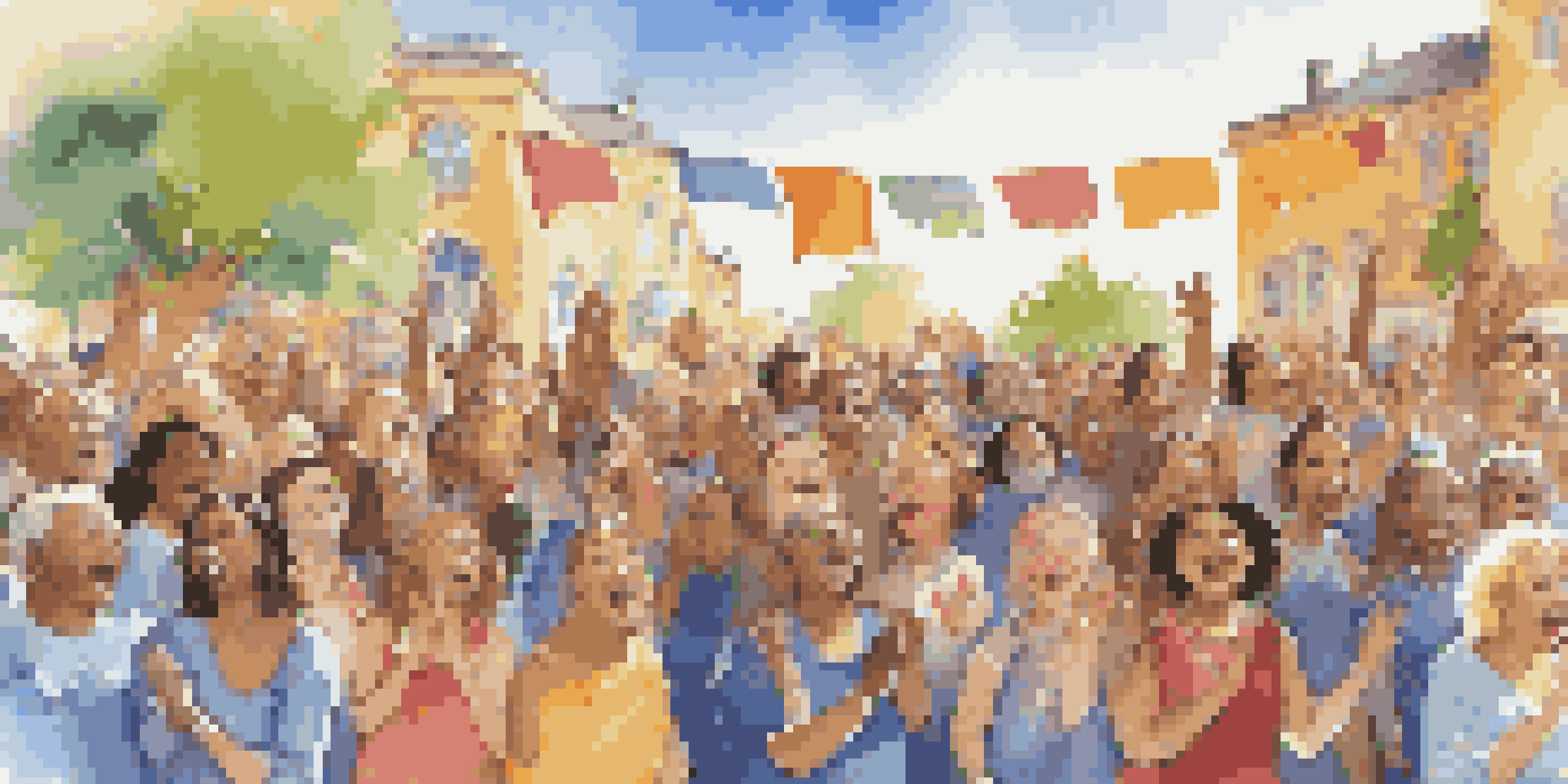 A diverse group of singers performing joyfully outdoors, surrounded by an engaged audience and colorful festival decorations.
