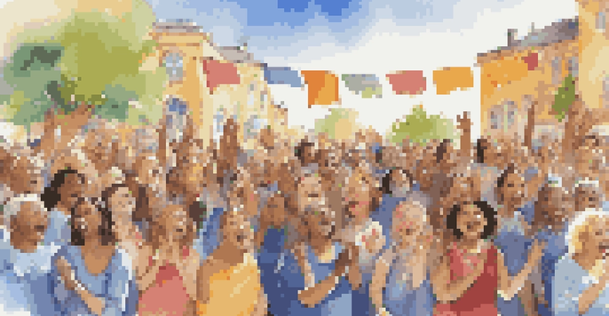 A diverse group of singers performing joyfully outdoors, surrounded by an engaged audience and colorful festival decorations.