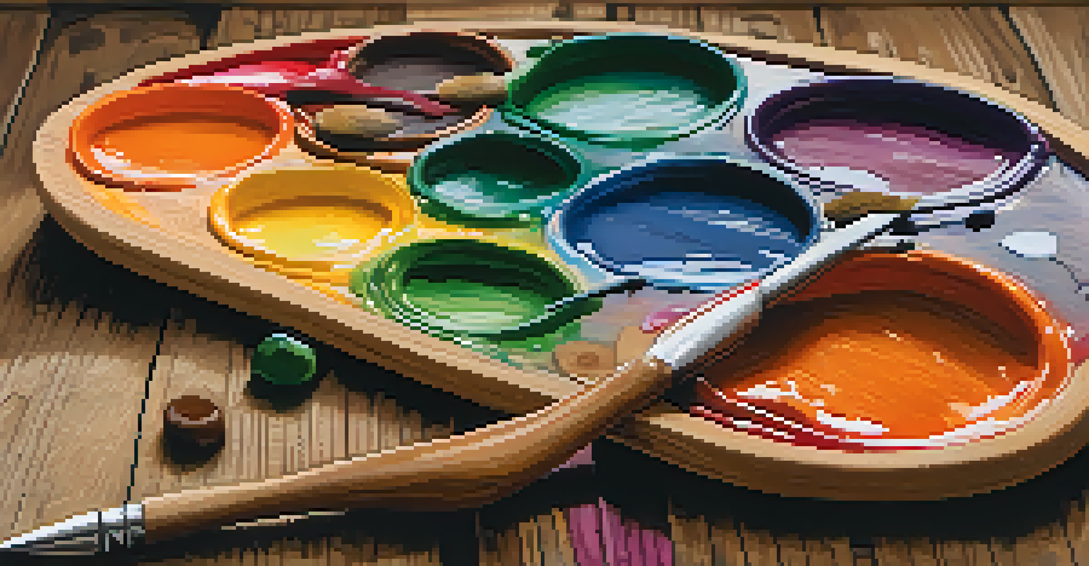 A close-up view of an artist's palette with rich, vibrant colors of paint, highlighting the textures and wooden background.